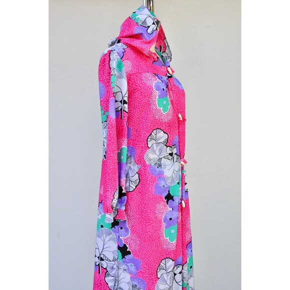 70s Colorful Duster Jacket Dress Hooded Psychedelic Flower Child S - M - Picture 3 of 10